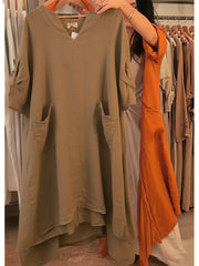 Damska lniana sukienka na co dzień z kieszeniami i dekoltem w kształcie litery V