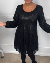 Elegancka sukienka w kształcie litery A z cekinowymi rękawami i rękawami typu lampion