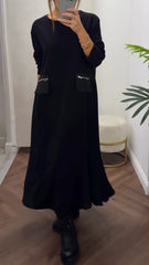 Damska sukienka plisowana na co dzień z okrągłym dekoltem i kieszeniami