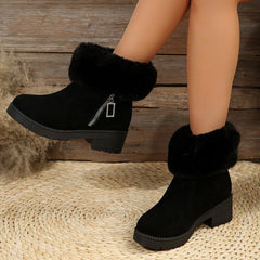 Damskie zimowe botki plus size z surowym brzegiem i blokowym obcasem z kaszmiru