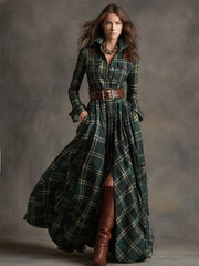 Długa sukienka w kratę w stylu retro z kołnierzykiem w kolorze czerwonobrązowym