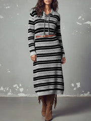 Damska sukienka kardigan w paski z blokami kolorów, z długim rękawem, luźną dzianiną i kołnierzykiem