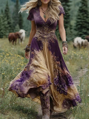 Elegancka, krótka sukienka maxi w odcieniach fioletu i lawendy z kwiatowym nadrukiem