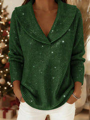 Damski jednokolorowy, luźny, dzianinowy top z dekoltem w serek i cekinami