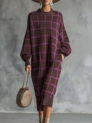 Damska sukienka w kratę z okrągłym dekoltem i długim rękawem, luźna, dzianinowa, swobodna