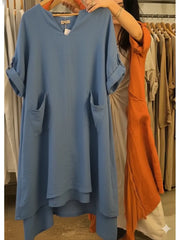 Damska lniana sukienka na co dzień z kieszeniami i dekoltem w kształcie litery V