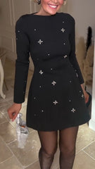 Damska sukienka z okrągłym dekoltem i kryształkami, z nadrukiem, elegancka na co dzień