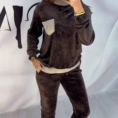 Damski garnitur casualowy z blokami kolorów, okrągłym dekoltem, długim rękawem i wysokim stanem