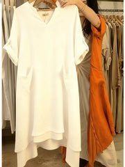 Damska lniana sukienka na co dzień z kieszeniami i dekoltem w kształcie litery V