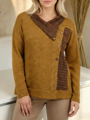 Damski top z geometrycznym nadrukiem, patchworkiem, okrągłym dekoltem i długim rękawem, swobodny, luźny, dzianinowy