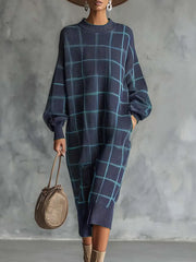 Damska sukienka w kratę z okrągłym dekoltem i długim rękawem, luźna, dzianinowa, swobodna