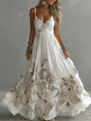 Damska sukienka maxi z haftem w stylu vintage z różami i dekoltem w serek