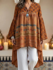 Boho Przytulna bawełniana lniana koszula z nadrukiem w stylu retro