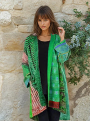 Damski długi kardigan, oversize'owa lekka wzorzysta kurtka