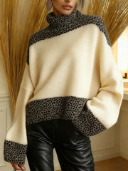 Damska patchworkowa sukienka w panterkę z wysokim dekoltem i długimi rękawami, luźna, dzianinowa sukienka