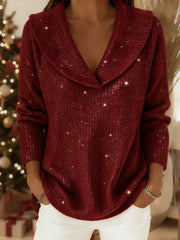 Damski jednokolorowy, luźny, dzianinowy top z dekoltem w serek i cekinami