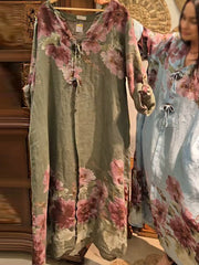 Damska sukienka z dekoltem w serek, długim rękawem i nadrukiem w stylu vintage, luźna, z bawełny i lnu