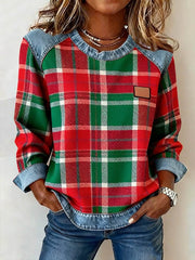 Damska bluza z okrągłym dekoltem, jeansowa, patchworkowa, w kratę, z nadrukiem, casualowa