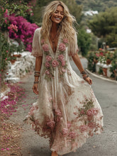 Damska sukienka maxi z lnu w stylu vintage z różową różą i kwiatowym haftem