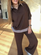 Damski, swobodny, dwuczęściowy komplet z bluzą i spodniami z bawełny w paski i patchwork