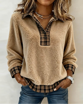 Damski top w kratę z kołnierzykiem i łatkami w jednolitym kolorze