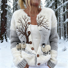 Damski dzianinowy kardigan z owczą sceną śnieżną w lesie