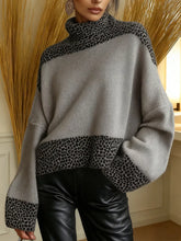 Damska patchworkowa sukienka w panterkę z wysokim dekoltem i długimi rękawami, luźna, dzianinowa sukienka