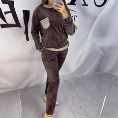 Damski garnitur casualowy z blokami kolorów, okrągłym dekoltem, długim rękawem i wysokim stanem