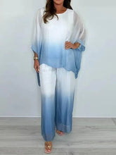 Damski zestaw z okrągłym dekoltem i długim rękawem w gradientowym kolorze, luźnym topem i szerokimi spodniami z wysokim stanem