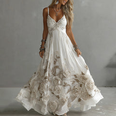 Damska sukienka maxi z haftem w stylu vintage z różami i dekoltem w serek