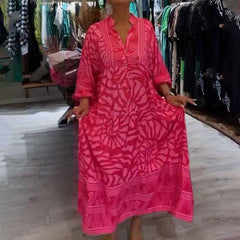 Damska luźna sukienka z nadrukiem z dekoltem w szpic