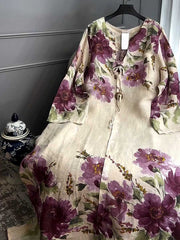 Damska sukienka z dekoltem w serek, długim rękawem i nadrukiem w stylu vintage, luźna, z bawełny i lnu