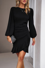 💖Elegancka, jednolita sukienka damska z falbanką i marszczonymi rękawami