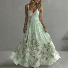 Damska sukienka maxi z haftem w stylu vintage z różami i dekoltem w serek