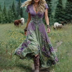 Elegancka, krótka sukienka maxi w odcieniach fioletu i lawendy z kwiatowym nadrukiem