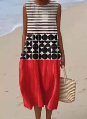 Damska sukienka swobodna z bawełny i lnu z nadrukiem