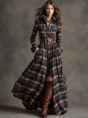 Długa sukienka w kratę w stylu retro z kołnierzykiem w kolorze czerwonobrązowym