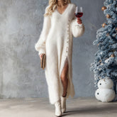 Elegancka damska sukienka z sztucznego futra króliczego z rozcięciem po boku