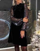 Elegancka sukienka z rękawami typu latarnia i patchworkiem