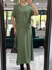 Damski dwuczęściowy zestaw z błyszczącym, dzianinowym topem i spódnicą