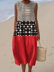 Damska sukienka swobodna z bawełny i lnu z nadrukiem