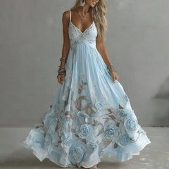 Damska sukienka maxi z haftem w stylu vintage z różami i dekoltem w serek