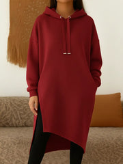 Damska, jednokolorowa, wygodna, swobodna, długa, bawełniana bluza z kapturem