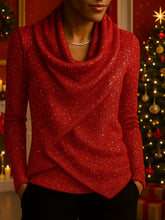 Damski luźny, dzianinowy top z cekinami i długim rękawem, z rozkloszowanym dekoltem