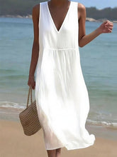 Damska swobodna, jednolita, bawełniana sukienka bez rękawów z dekoltem w serek