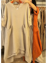 Damska lniana sukienka na co dzień z kieszeniami i dekoltem w kształcie litery V