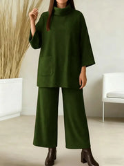 Damski jednokolorowy top z wysokim kołnierzem, długimi rękawami, luźnym krojem, elastyczną talią i szerokimi nogawkami, jesienno-zimowy komplet