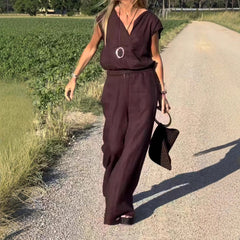 Damski codzienny komplet spodni kamizelka z bawełny i lnu, dwuczęściowy