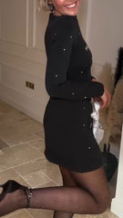 Damska sukienka z okrągłym dekoltem i kryształkami, z nadrukiem, elegancka na co dzień