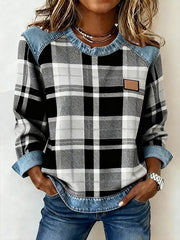Damska bluza z okrągłym dekoltem, jeansowa, patchworkowa, w kratę, z nadrukiem, casualowa